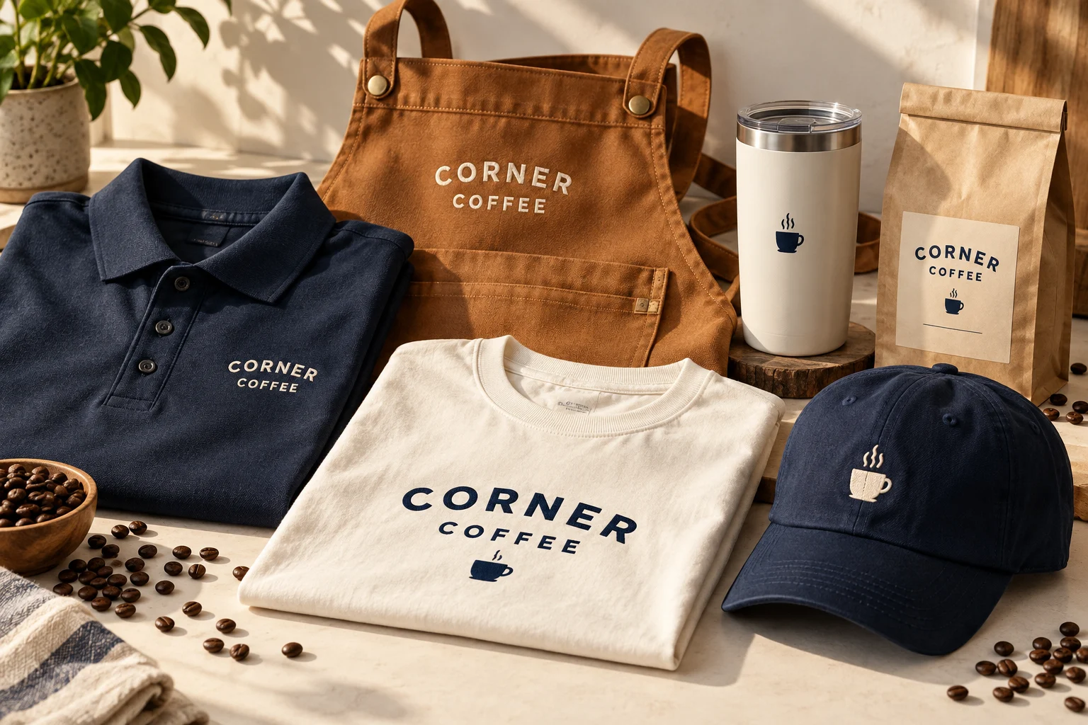 Illustrative coffee-shop merchandise with branded staff polo, apron, shirt, cap, and tumbler