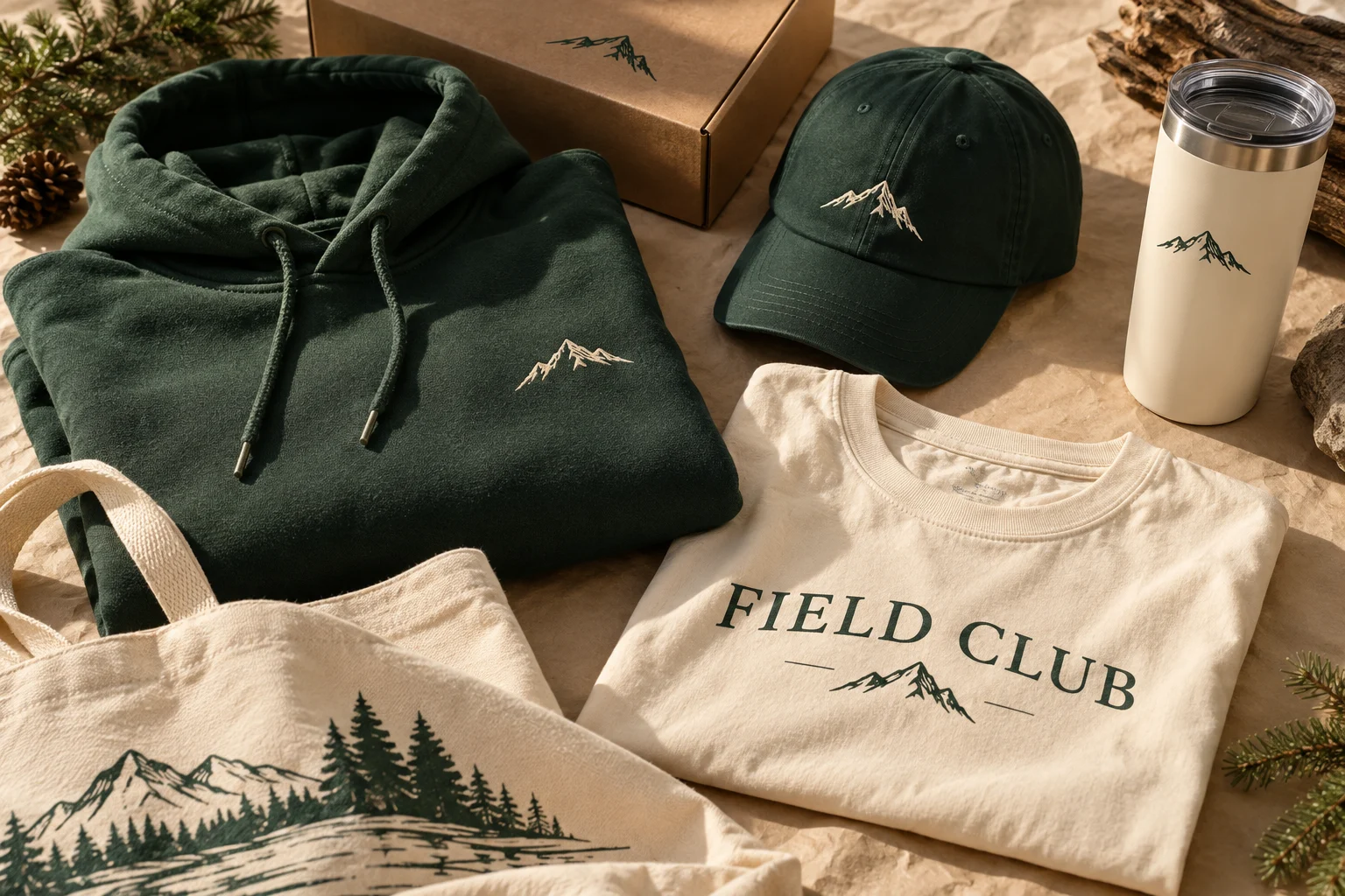 Illustrative embroidered cap, apparel, and custom drinkware