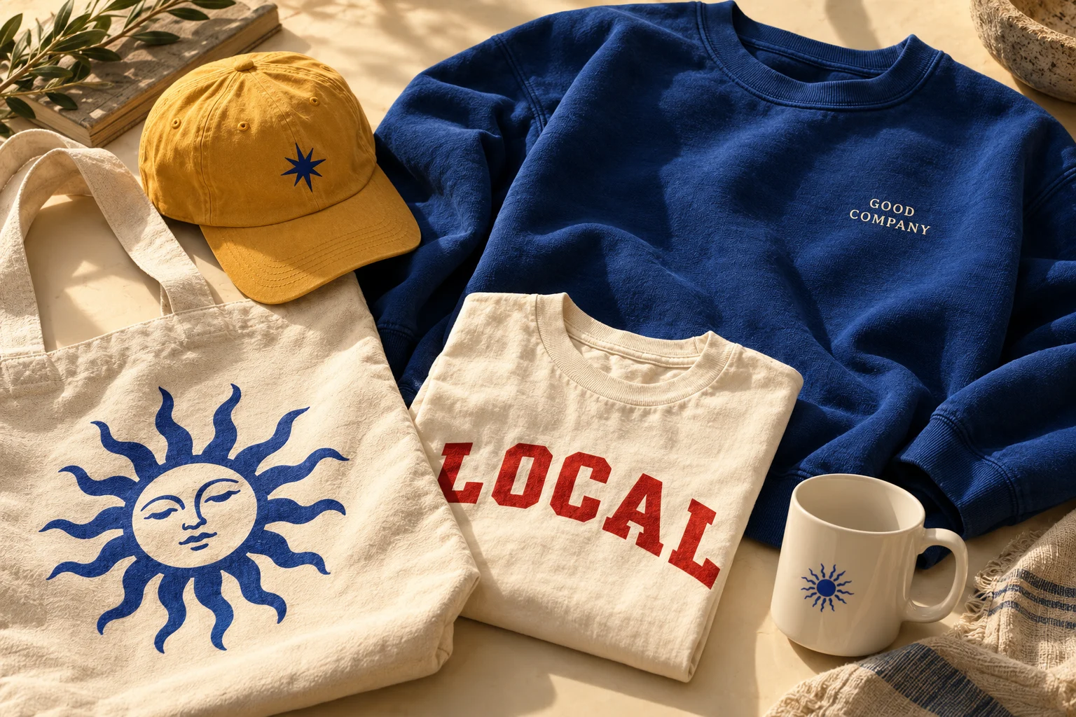 Illustrative collection of custom sweatshirts, tees, a cap, tote, and mug